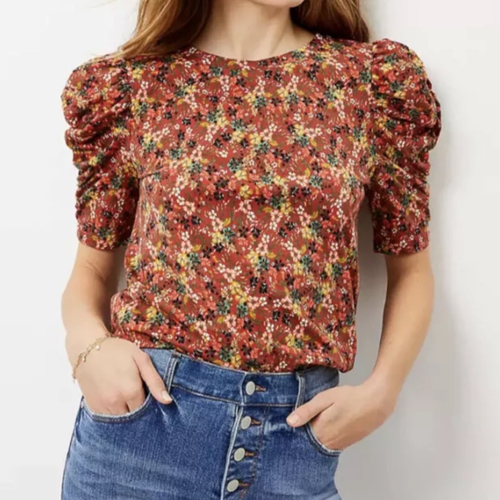 LOFT puff half sleeve knit top floral print